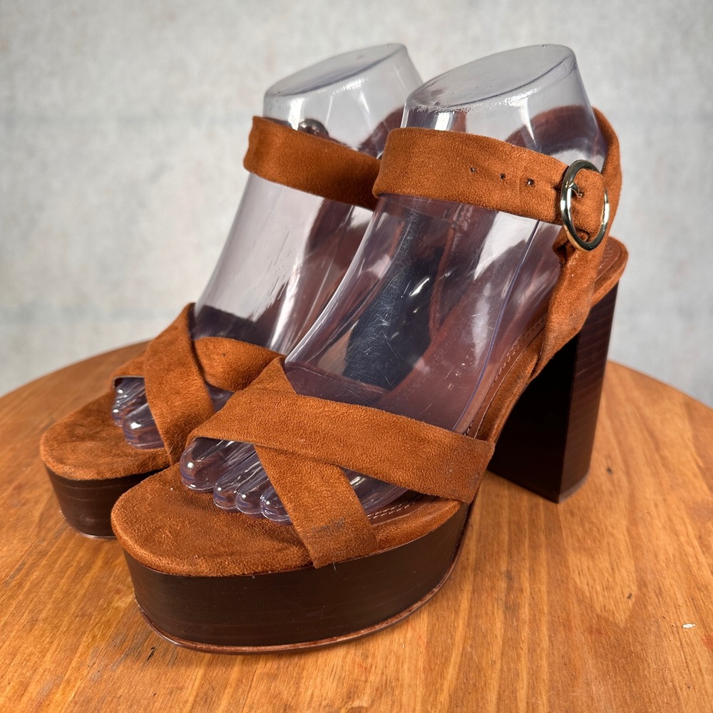 Zara Platform Sandals Women 37 Brown Excellent Faux Suede Block Heel Strappy